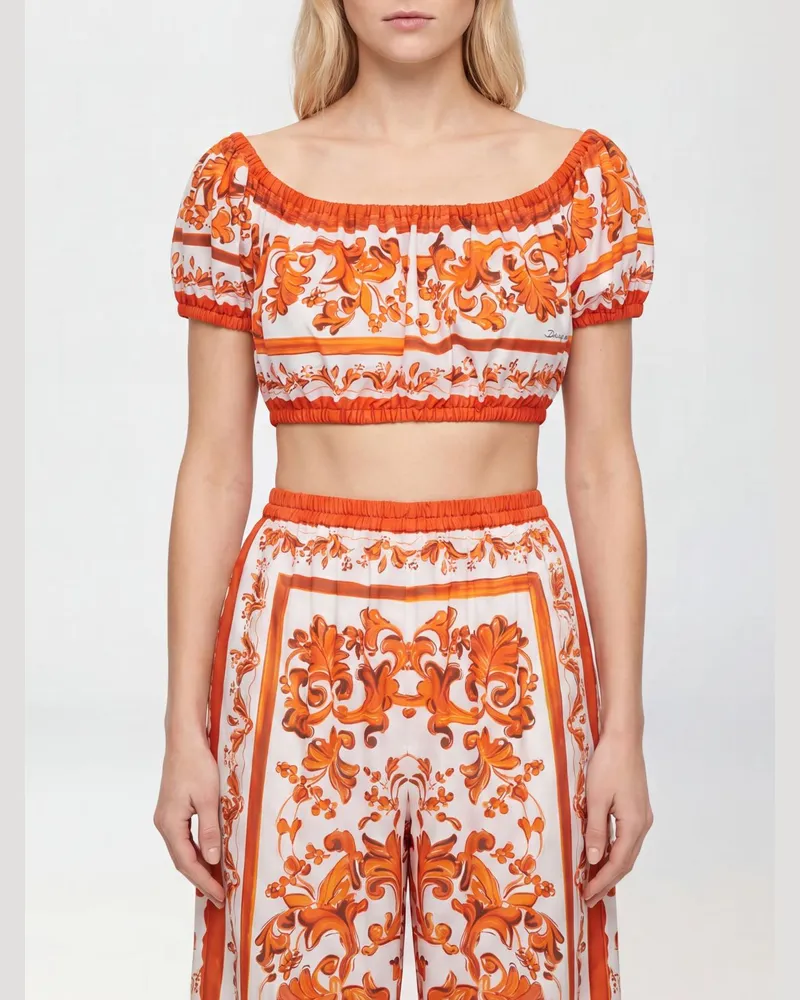 Dolce & Gabbana DOLCE  GABBANA Gekürztes Baumwoll-Top Dolce & Gabbana mit Majolika-Print und U-Boot-Ausschnitt Bunt