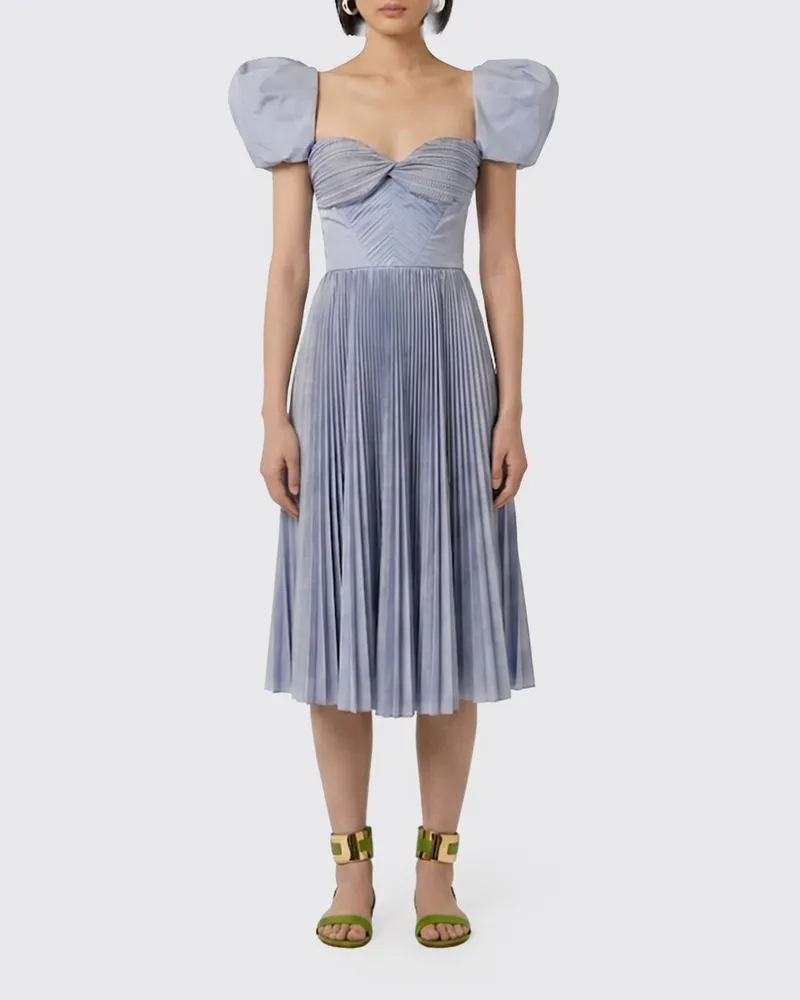Elisabetta Franchi Plissiertes Crêpe-Midi-Abendkleid mit Puffärmeln Blau