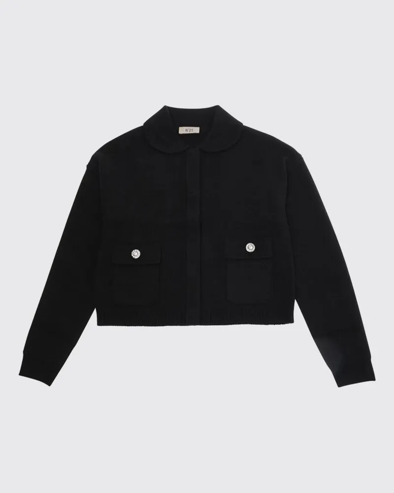 N° 21 Cardigan für Jungen aus Wollmischung mit Peter-Pan-Kragen und Schmuckknöpfen Schwarz