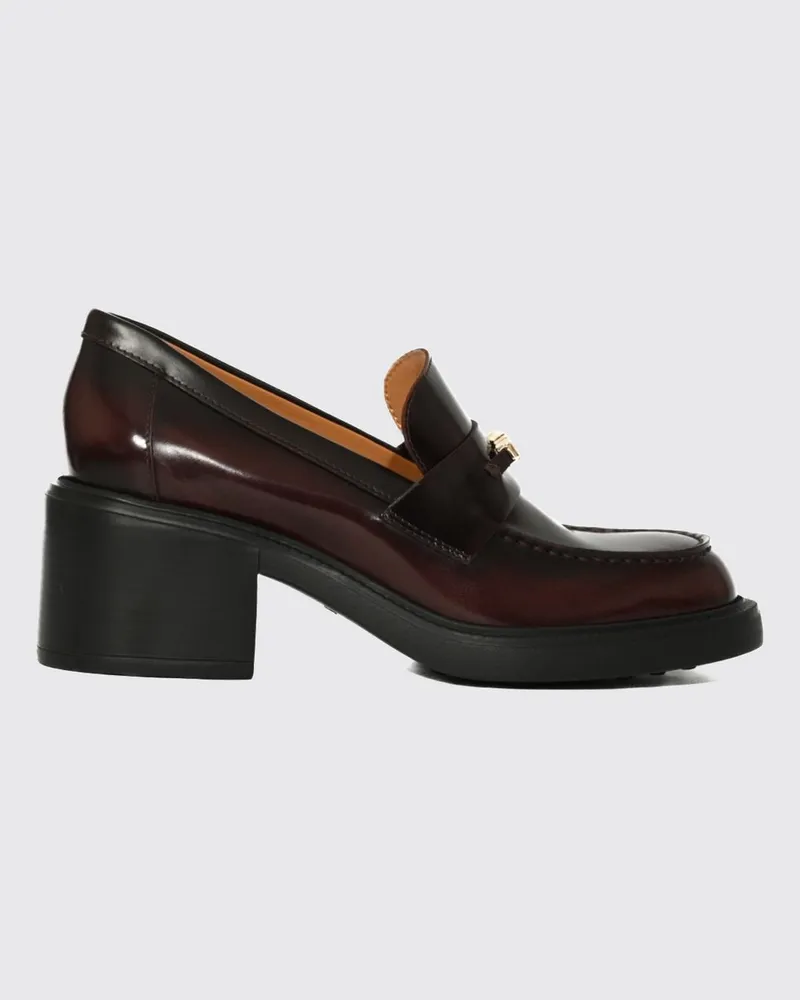 TOD'S Penny-Loafer aus gebürstetem Leder mit metallischem Logo und mittlerem Absatz Weinrot