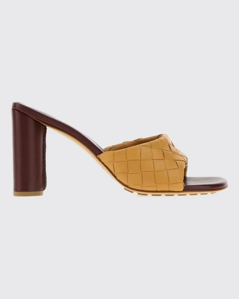 Bottega Veneta Livia zweifarbige Mules aus gewebtem Leder mit hohem Blockabsatz Beige