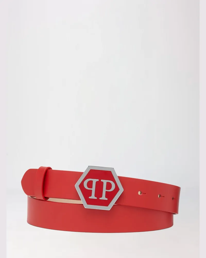 Philipp Plein Gürtel aus Glattleder mit Hexagon-Monogramm-Schnalle Rot