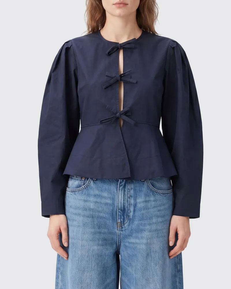 Ganni Kurze Baumwolljacke mit gerafften Schultern und Bindeverschluss Schwarz