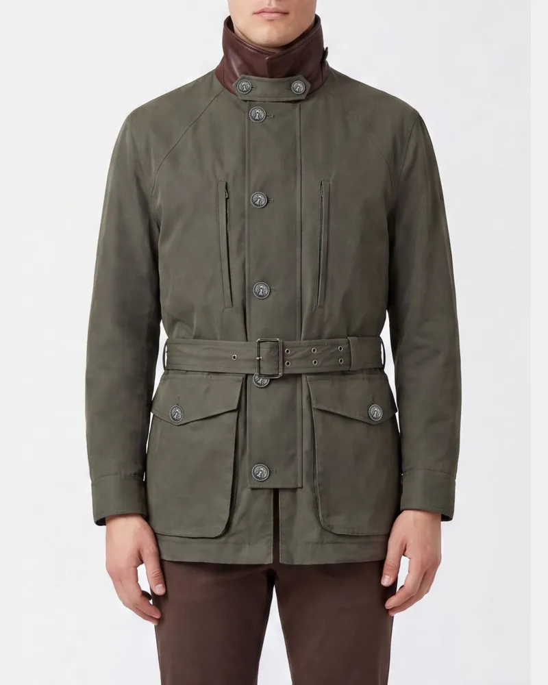 Brunello Cucinelli Leichte Jacke aus Baumwollmischung mit hohem Lederkragen Military