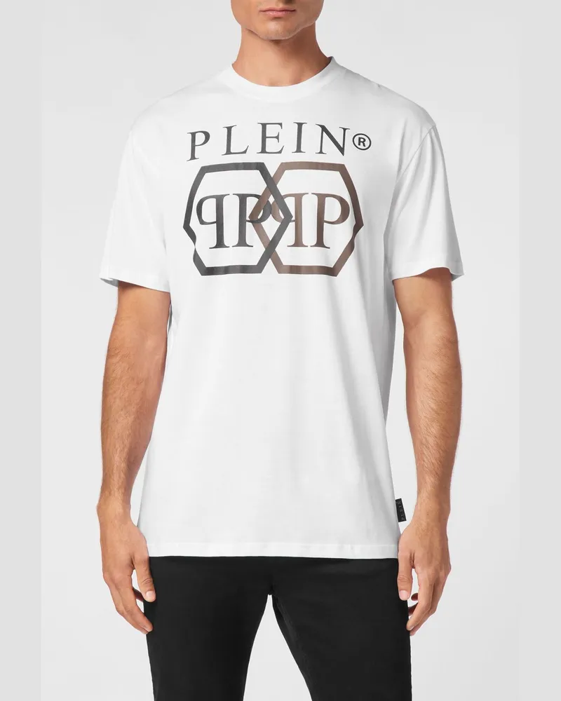 Philipp Plein Baumwoll-T-Shirt mit Hexagon-Logo und kontrastierendem Monogramm-Print Weiß
