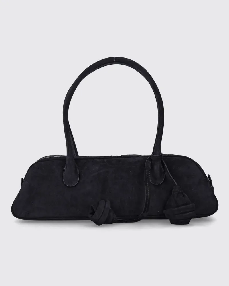 Magda Butrym Brigitte Trapeze Schultertasche aus Veloursleder mit Blume Schwarz
