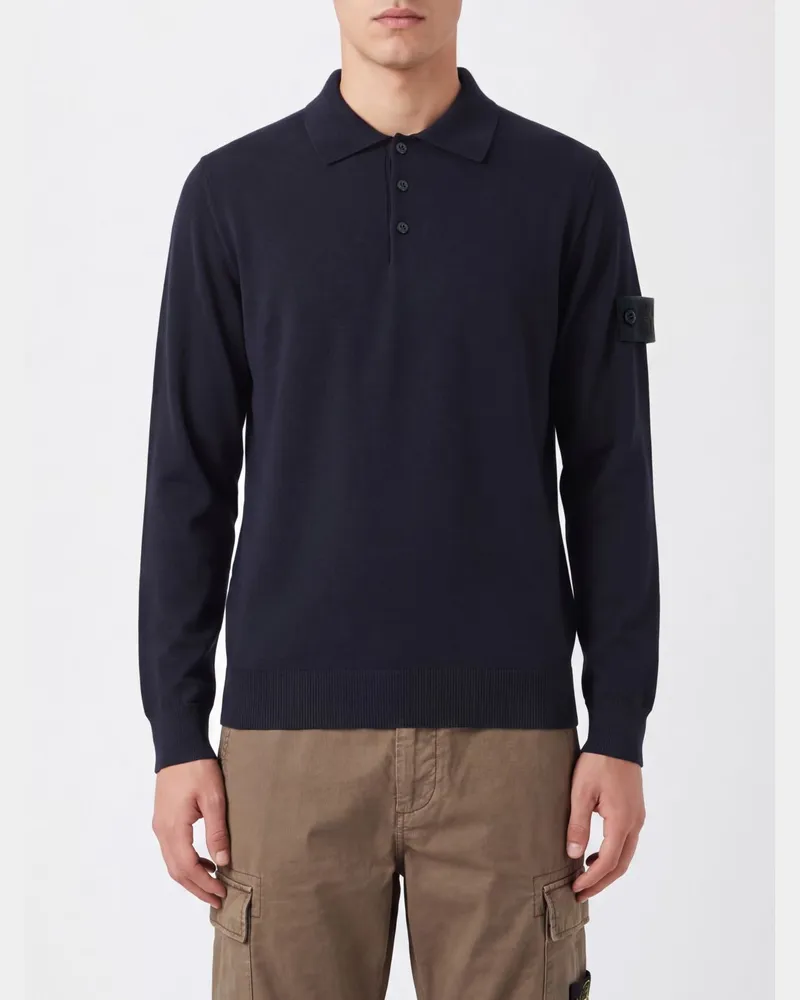 Stone Island Langarm-Strickpolo aus Wolle mit Compass-Logo Navy