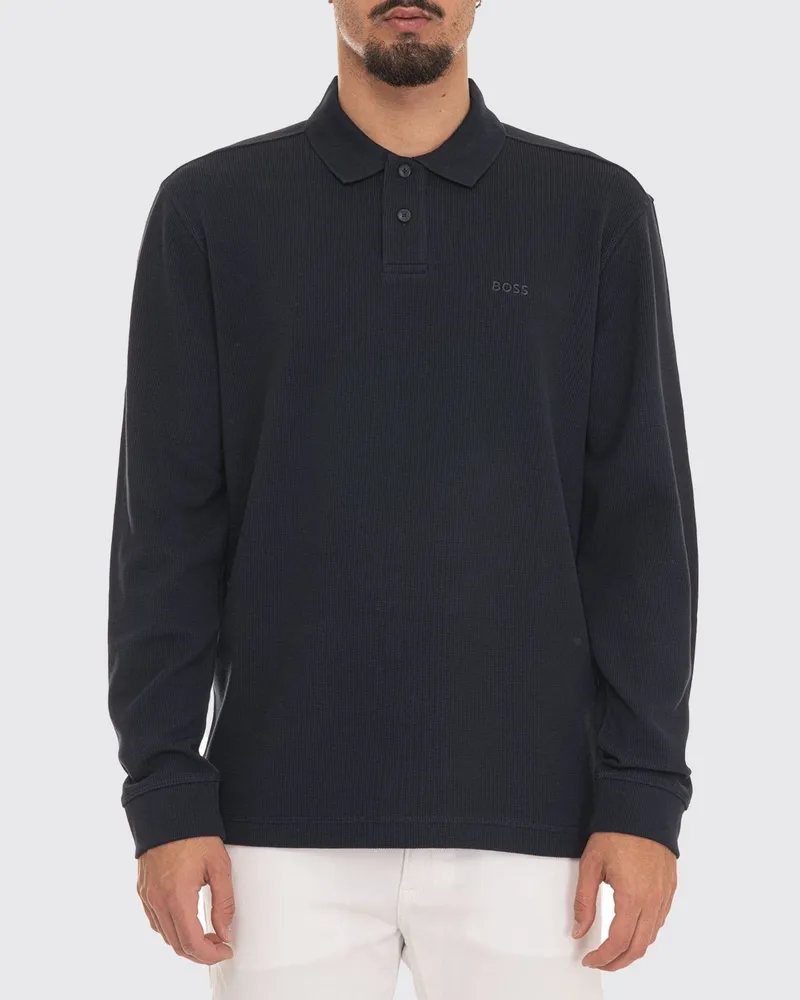 HUGO BOSS Langarm-Polohemd aus Wabenbaumwolle mit gesticktem Logo Blau