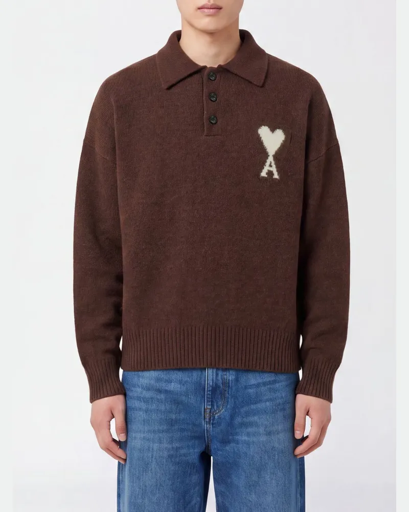AMI Paris Langarm-Strickpolo mit Ami de Cœur-Jacquard-Logo Braun