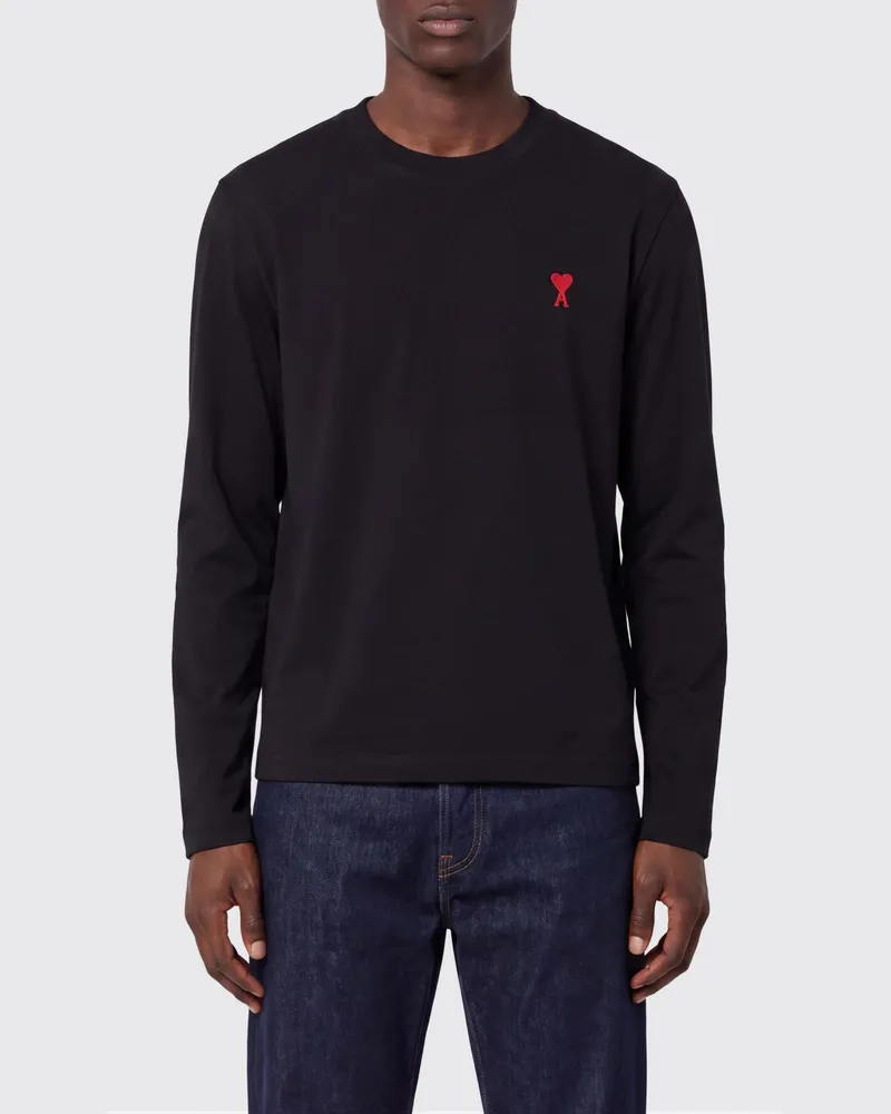 AMI Paris Langärmeliges Baumwolljersey-T-Shirt mit Logostickerei Schwarz
