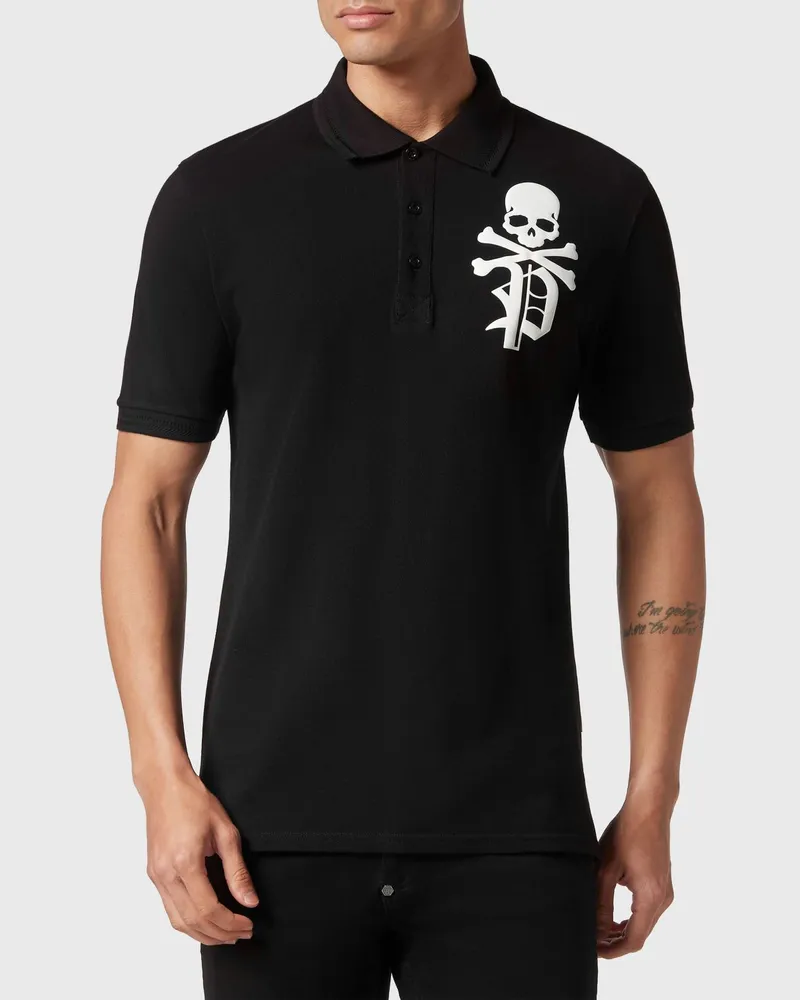 Philipp Plein Kurzärmeliges Baumwoll-Poloshirt mit Totenkopf-Print und Logo Schwarz