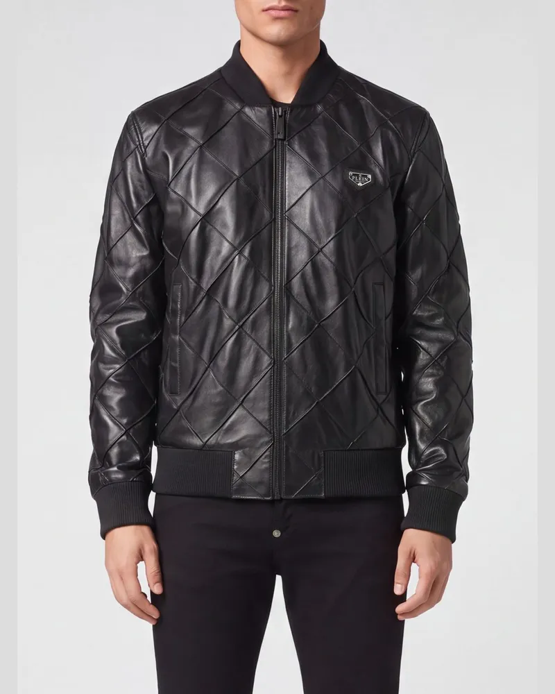 Philipp Plein Gesteppte Leder-Bomberjacke mit Reißverschluss und appliziertem Logo Schwarz