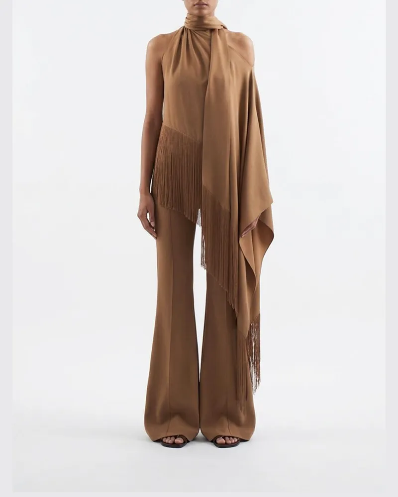 Taller Marmo Asymmetrisches One-Shoulder-Top Atlas aus Cady mit Schalkragen Braun