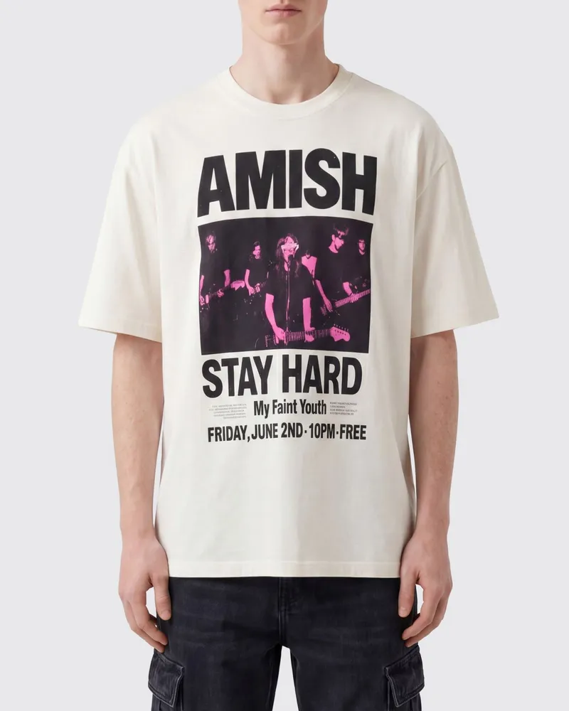 Amish Baumwoll-T-Shirt mit grafischem Logo-Print und überschnittenen Schultern Weiß