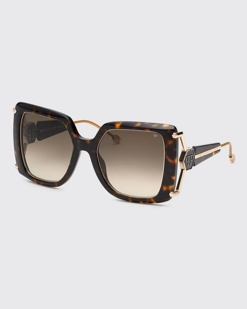 Philipp Plein Queen Cat-Eye-Sonnenbrille mit Schildpatt-Gestell und Hexagon-Logo Schwarz