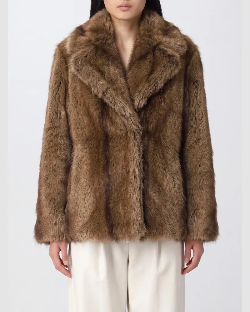 Pinko Kurze Kunstpelzjacke mit klassischem Kragen und verdecktem Verschluss Beige