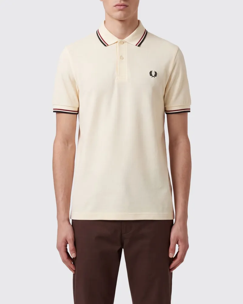 Fred Perry Kurzärmeliges Polohemd aus Baumwolle mit gesticktem Logo und Kontraststreifen Ecru