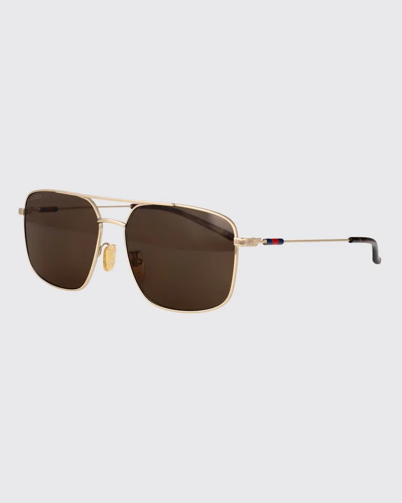 Gucci Rechteckige Aviator Sonnenbrille aus Metall mit Web-Logo und bernsteinfarbenen Gläsern Braun