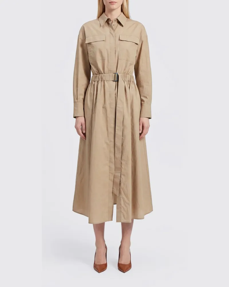 Brunello Cucinelli Midi-Hemdblusenkleid aus Baumwolle mit langen Ärmeln und Bindegürtel Beige