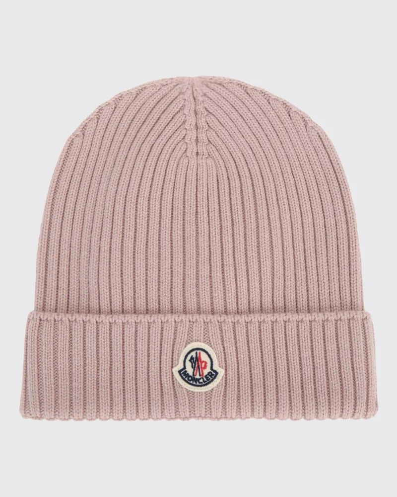 Moncler Gerippte Beanie-Mütze für Kinder aus reiner Wolle mit Logo-Patch Pink