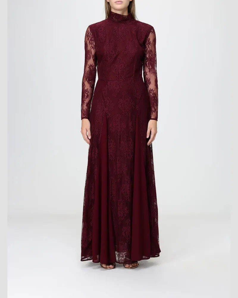 Hanita Langes Abendkleid aus Spitze mit Stehkragen und langen Ärmeln Burgunderrot