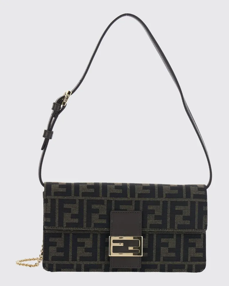 Fendi Tube FF Zucca Stoff-Schultertasche mit Ledergriff und Kettenriemen Braun