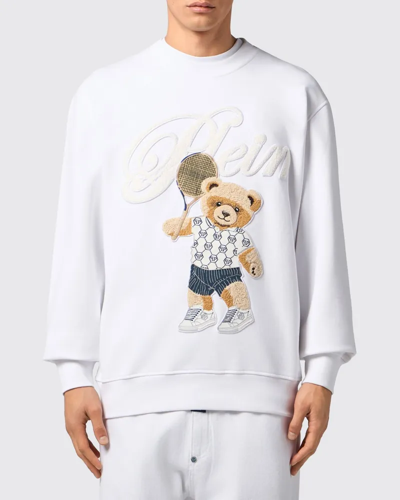 Philipp Plein Baumwoll-Sweatshirt mit Rundhalsausschnitt, Teddybär-Print und Stickerei Weiß
