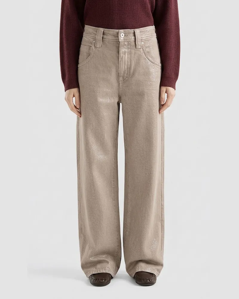Brunello Cucinelli High-Rise Wide-Leg Jeans aus Lurex-Denim mit Monili Beige