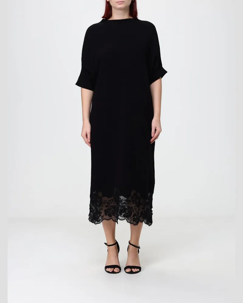 Fabiana Filippi A-Linien-Midikleid aus Wolle und Seide mit Spitzeneinsätzen Schwarz