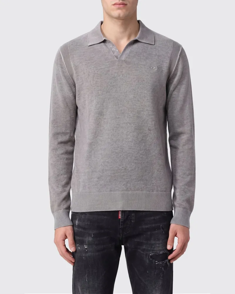 Diesel Langärmeliges Strick-Poloshirt aus Baumwolle mit V-Ausschnitt und Oval-D-Logo Beige