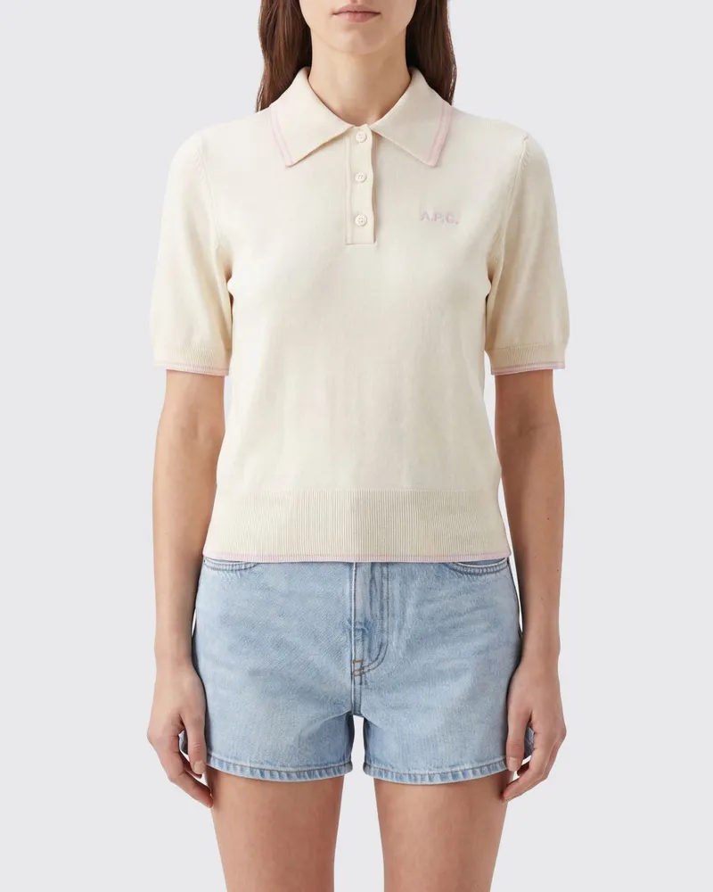 A.P.C. Gestricktes Baumwoll-Polohemd mit geripptem Kragen und Bündchen Ivory