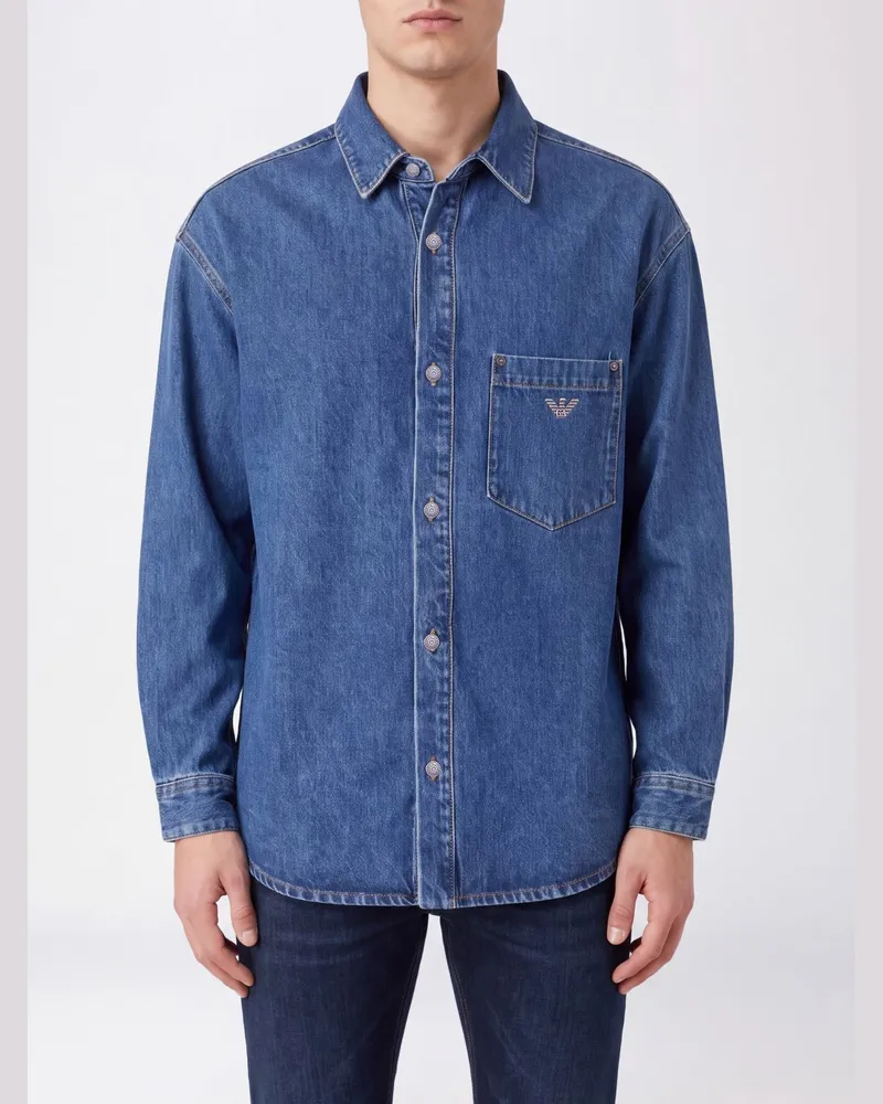 Emporio Armani Hemd aus Baumwolldenim in Relaxed Fit mit Adler-Logo Blau