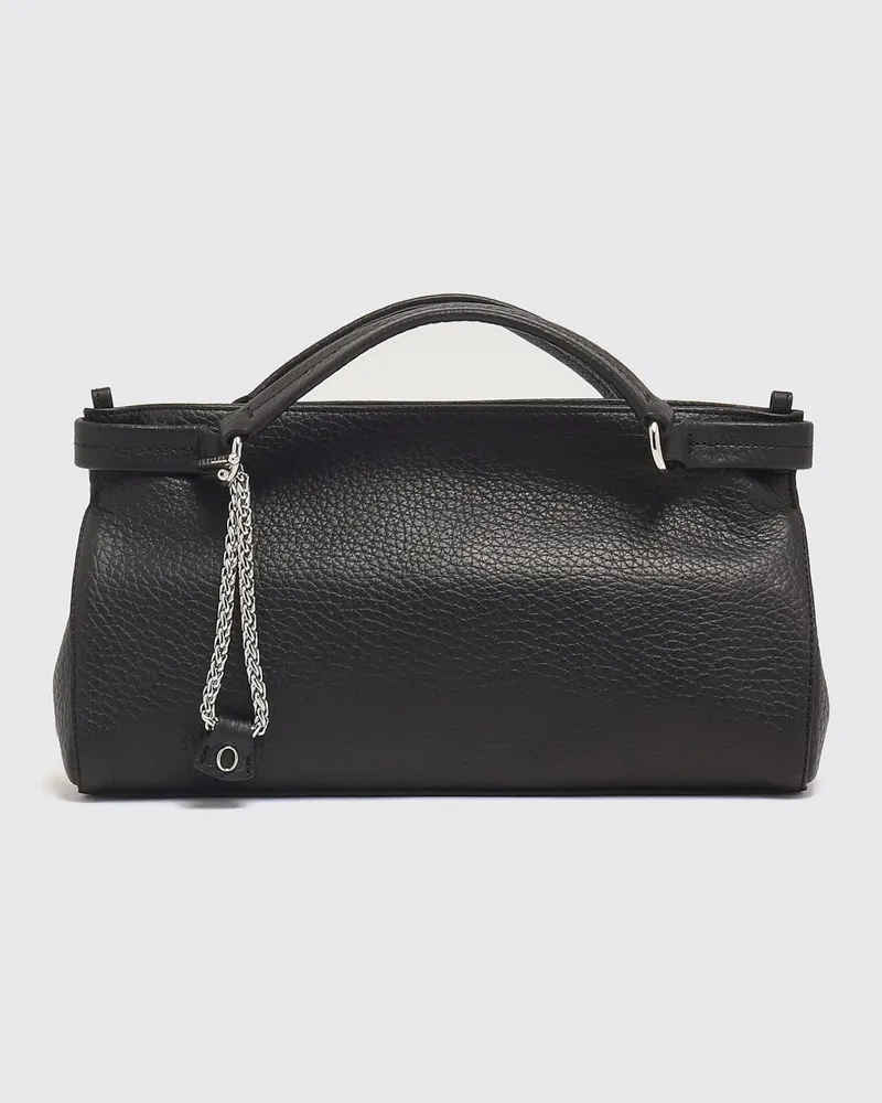 Orciani Virgo Handtasche aus genarbtem Leder mit doppeltem Henkel und Logo-Charm Schwarz