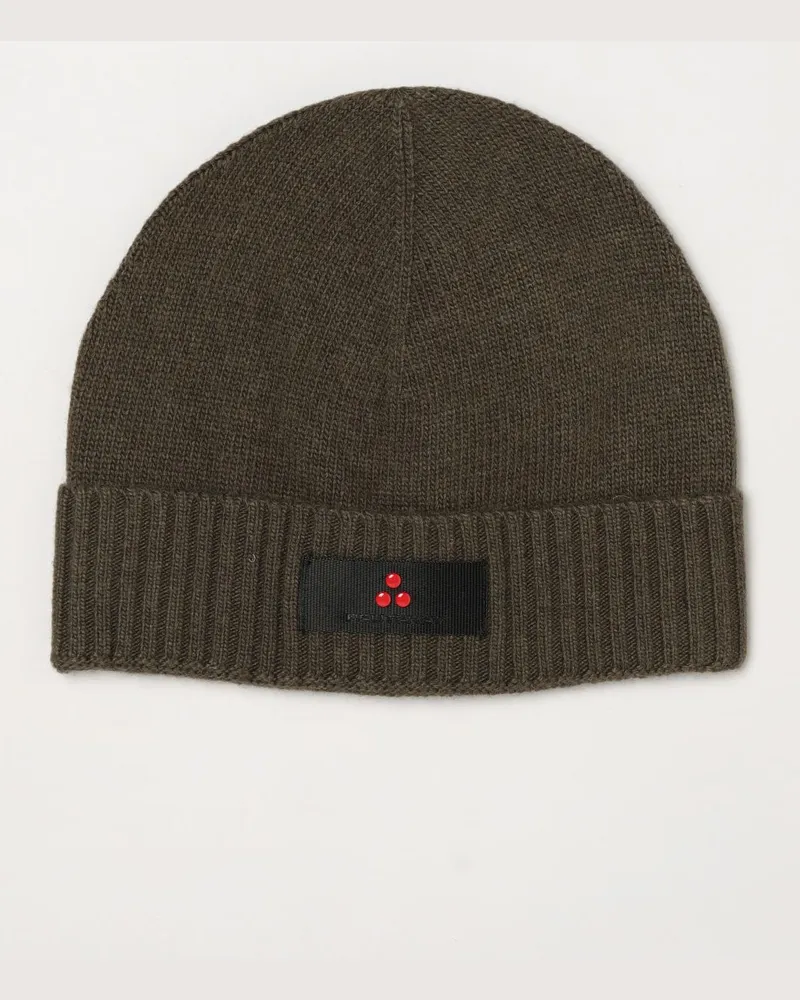 Peuterey Beanie-Mütze aus Woll-Kaschmir-Mischung mit Umschlag und Logo-Patch Grün