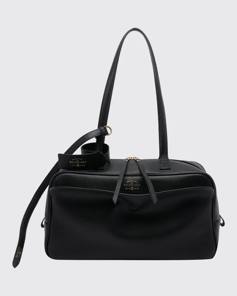 Balenciaga Schultertasche aus genarbtem Kalbsleder mit Logo und Charm Schwarz