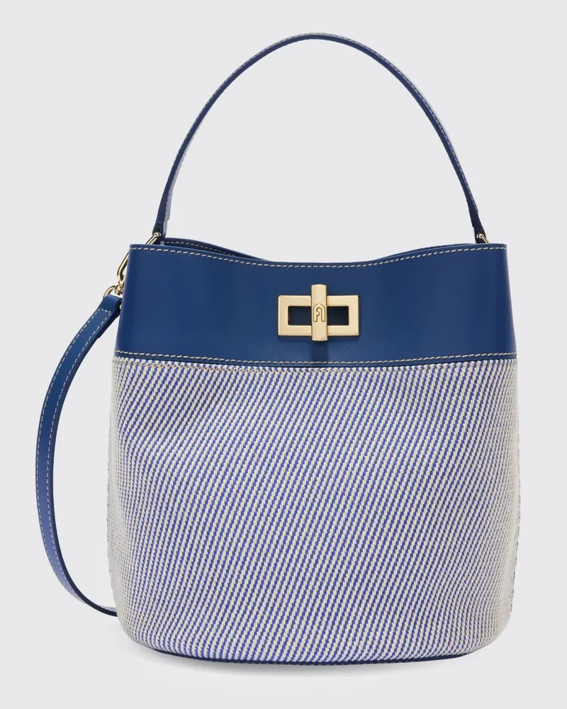 Furla Kleine zweifarbige Bucket Bag von aus Canvas und glattem Kalbsleder Blau