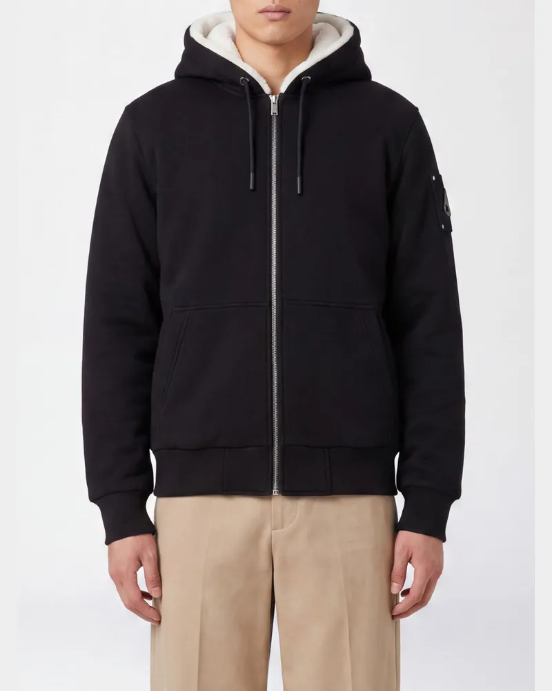 Moose Knuckles Kapuzen-Sweatjacke aus Baumwollmischung mit Kängurutasche Schwarz
