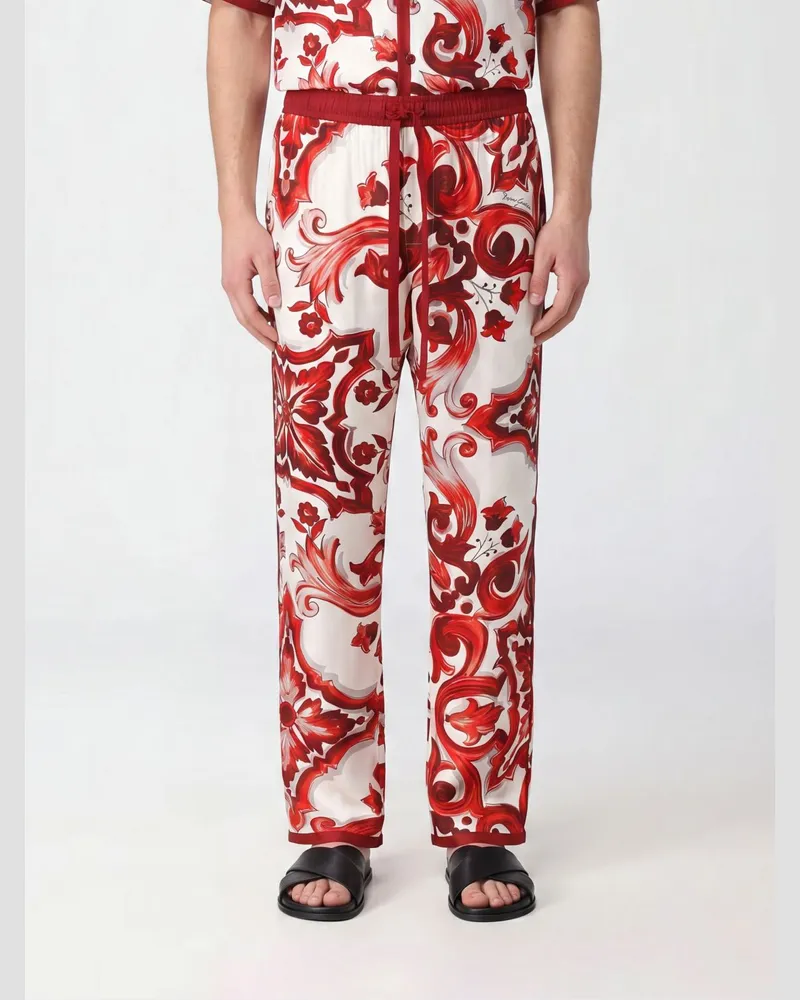 Dolce & Gabbana DOLCE  GABBANA Dolce & Gabbana Seidenhose mit geradem Bein und Majolika-Print Rot