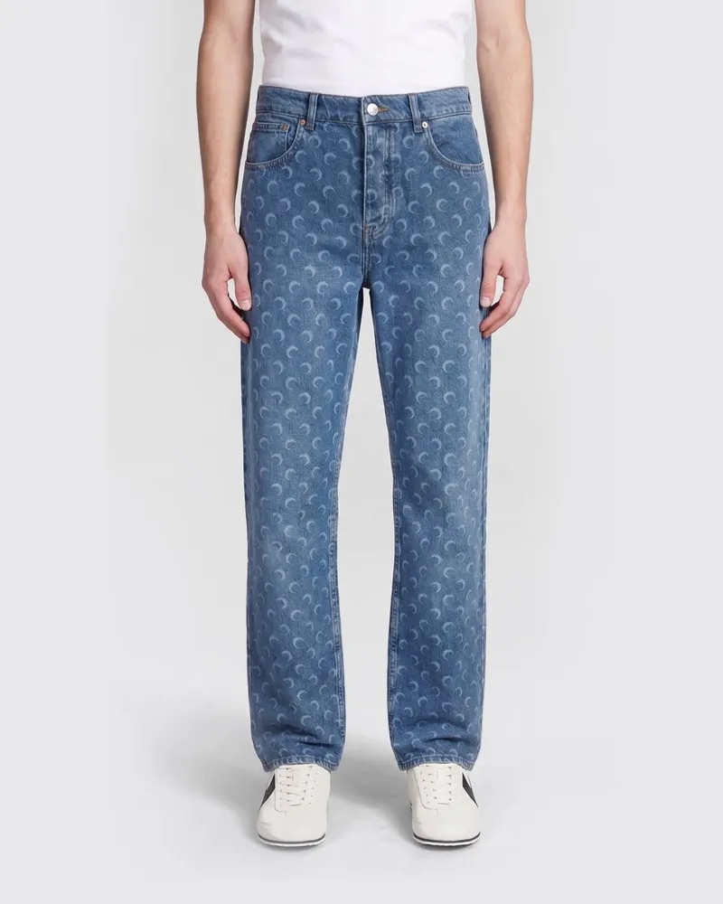 Marine Serre Straight Jeans aus Denim mit Monogramm-Print Hellblau