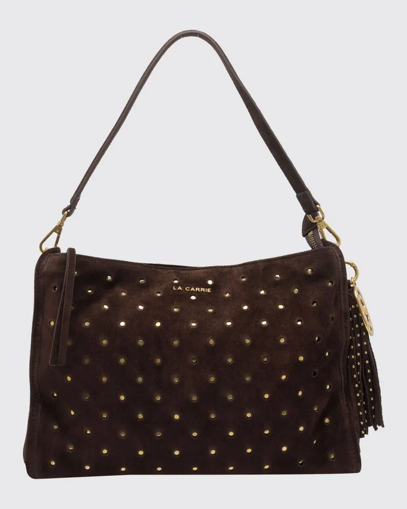 LA CARRIE Bestickte Schultertasche aus Polyester mit Logo-Charm Braun
