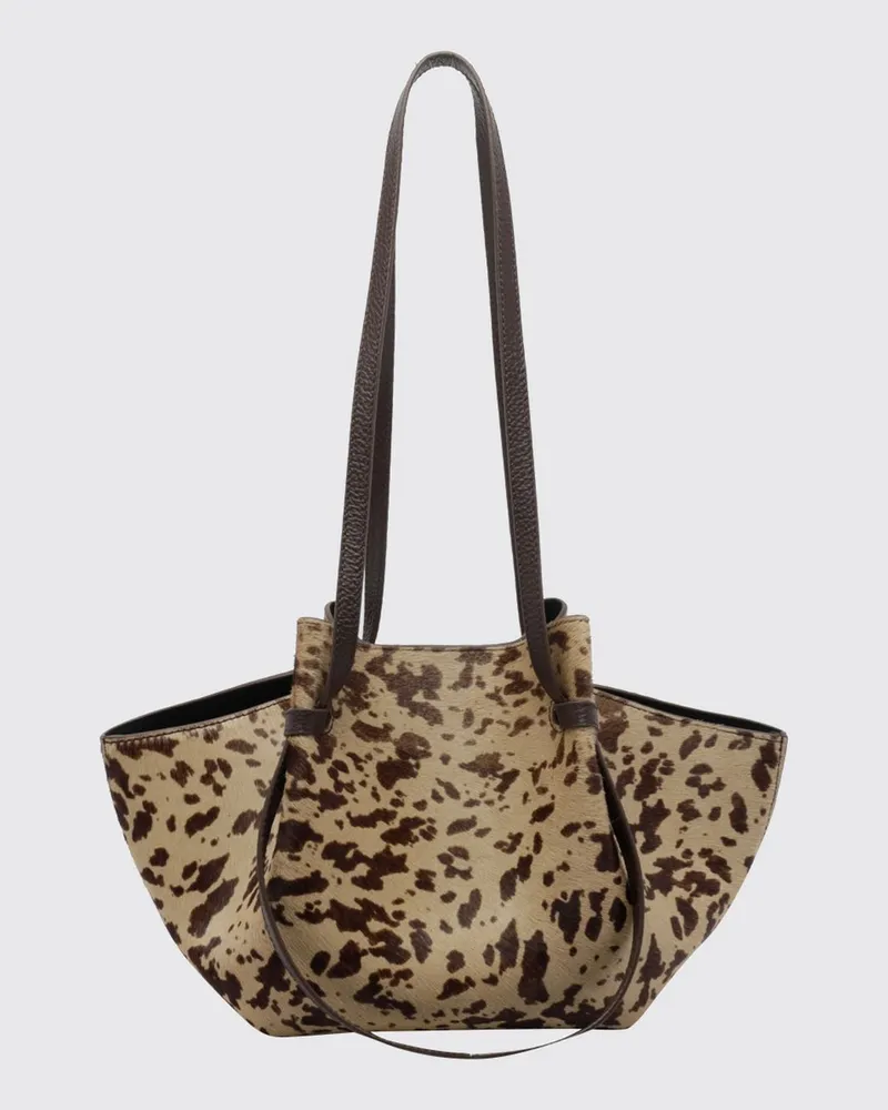 YUZEFI Mochi Schultertasche von aus Ponyfell mit Animal-Print und Doppelgriff Beige