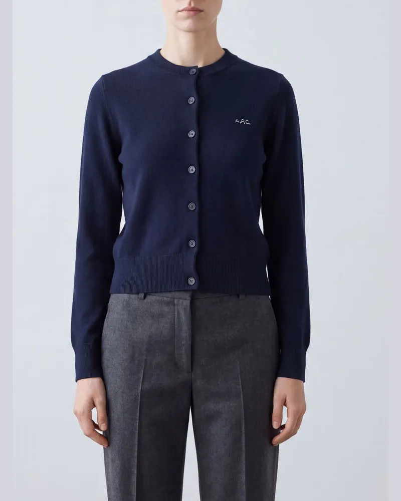 A.P.C. Rundhals-Cardigan aus Schurwoll-Baumwoll-Mischung mit Kontrastlogo Navy