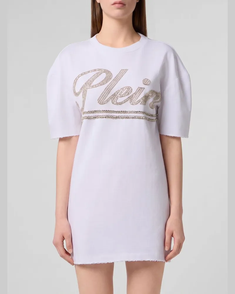 Philipp Plein Rundhals-T-Shirt aus Baumwolle mit Strass-Logo Weiß