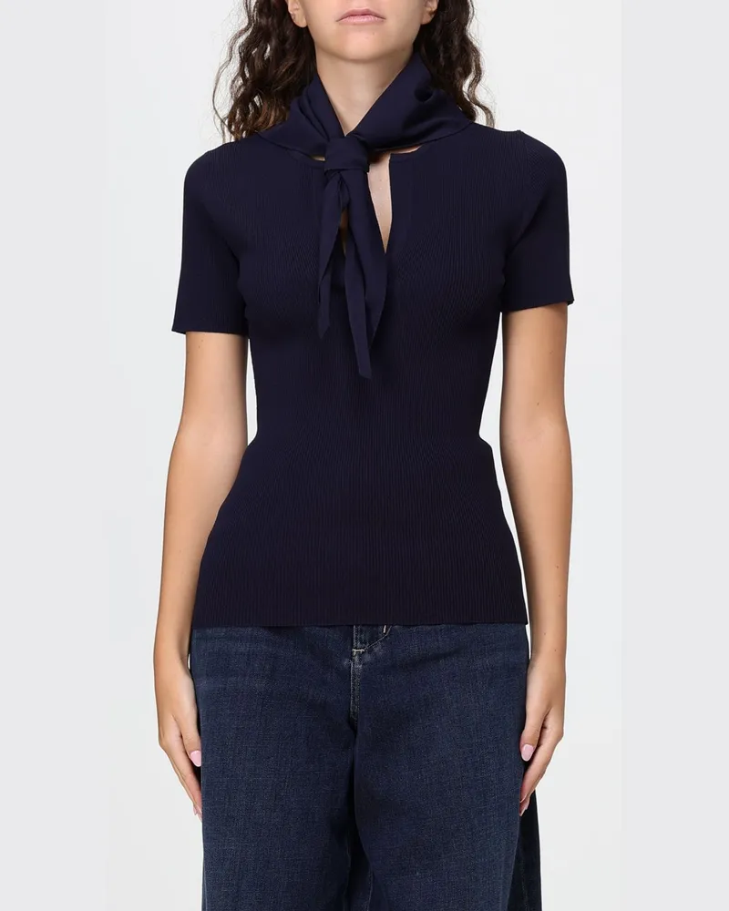 Max Mara Slim Fit Rippstrick-Top mit Schalkragen Blau