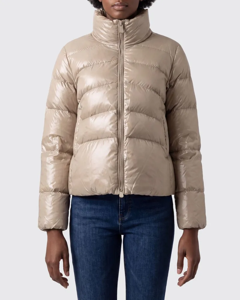Pinko Kurze, gesteppte, wasserabweisende Nylon-Daunenjacke mit Stehkragen Beige