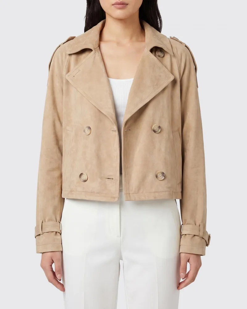 Urbancode Kurzer zweireihiger Trenchcoat aus Wildlederimitat mit Taillengürtel Braun