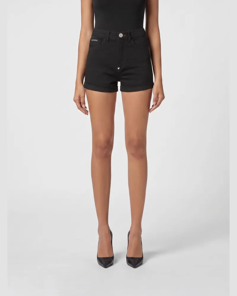 Philipp Plein Slim-Fit Jeansshorts mit hoher Taille im 5-Pocket-Stil Schwarz