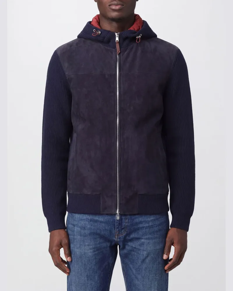 Brunello Cucinelli Bomberjacke mit Kapuze aus Wildleder und Kaschmir Navy