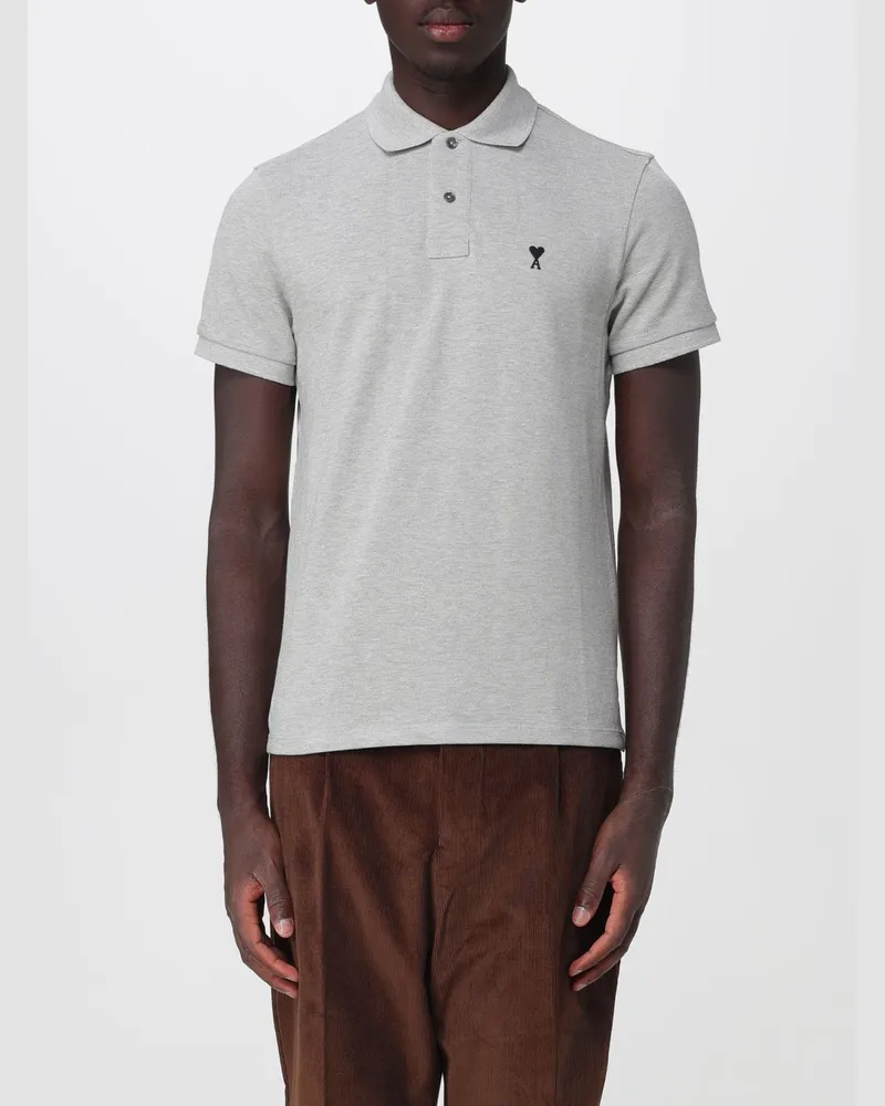 AMI Paris Kurzärmeliges Baumwoll-Poloshirt von mit gesticktem Logo Grau