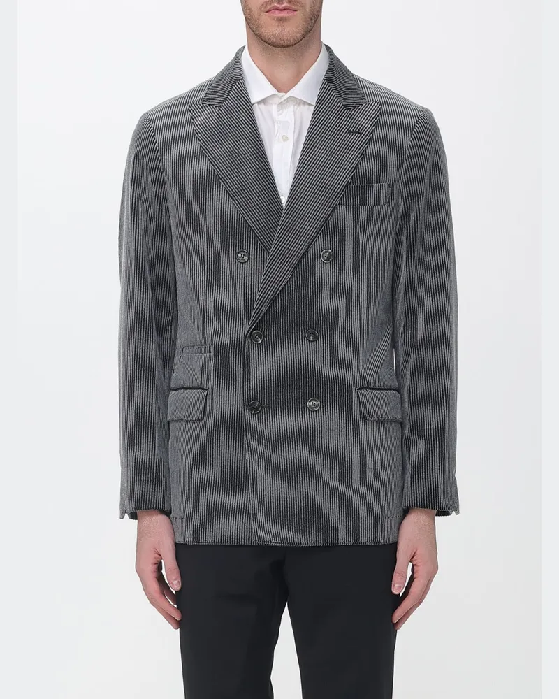Brunello Cucinelli Zweireihiger Nadelstreifen-Blazer aus Baumwolle mit klassischem Revers Grau